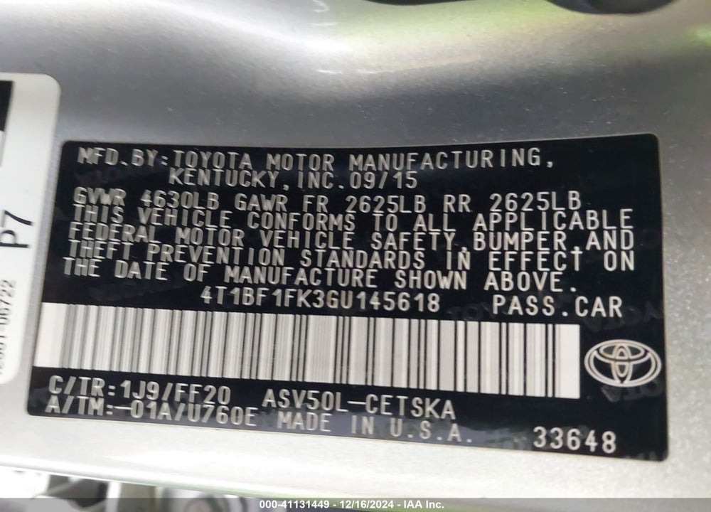 2016 TOYOTA CAMRY SE VIN: 4T1BF1FK3GU145618