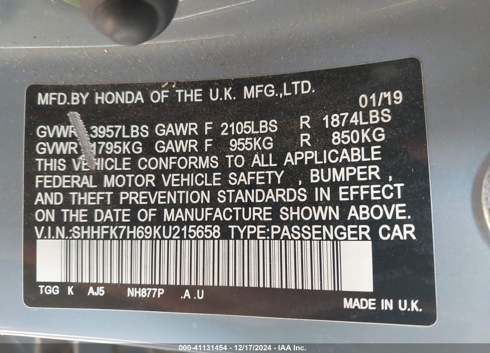 2019 HONDA CIVIC EX VIN: SHHFK7H69KU215658