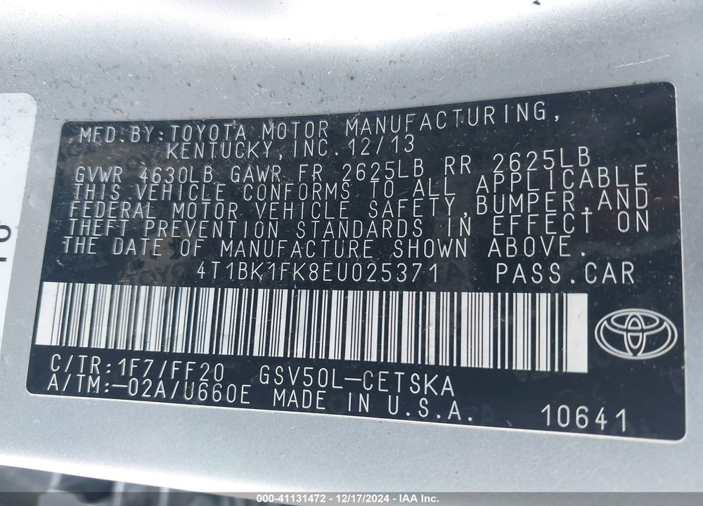 2014 TOYOTA CAMRY VIN: 4T1BK1FK8EU025371