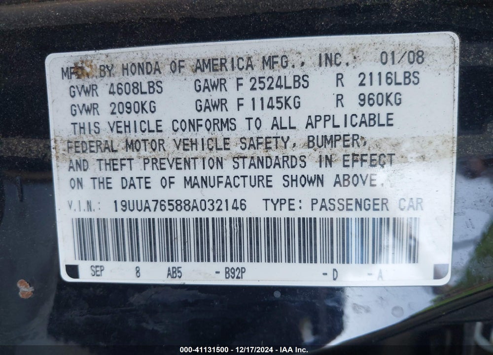 2008 ACURA TL TYPE S VIN: 19UUA76588A032146