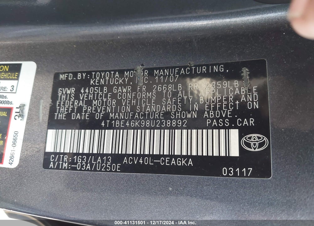 2008 TOYOTA CAMRY XLE VIN: 4T1BE46K98U238892