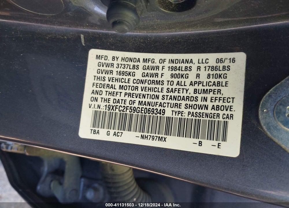 2016 HONDA CIVIC VIN: 19XFC2F59GE069349