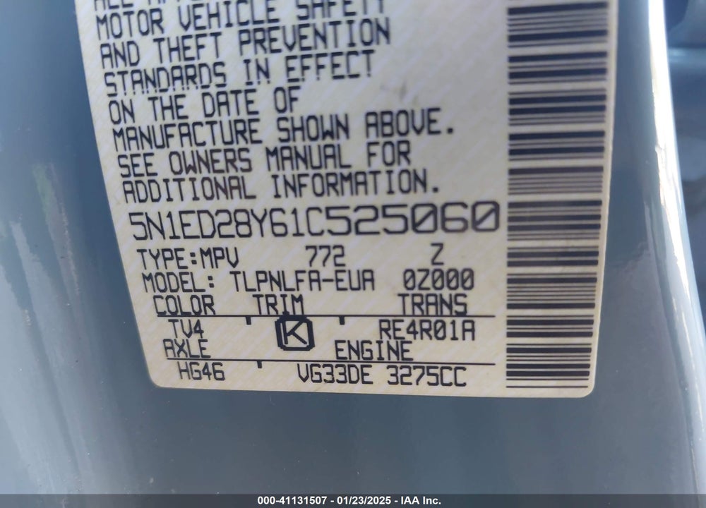 2001 NISSAN XTERRA SE VIN: 5N1ED28Y61C525060