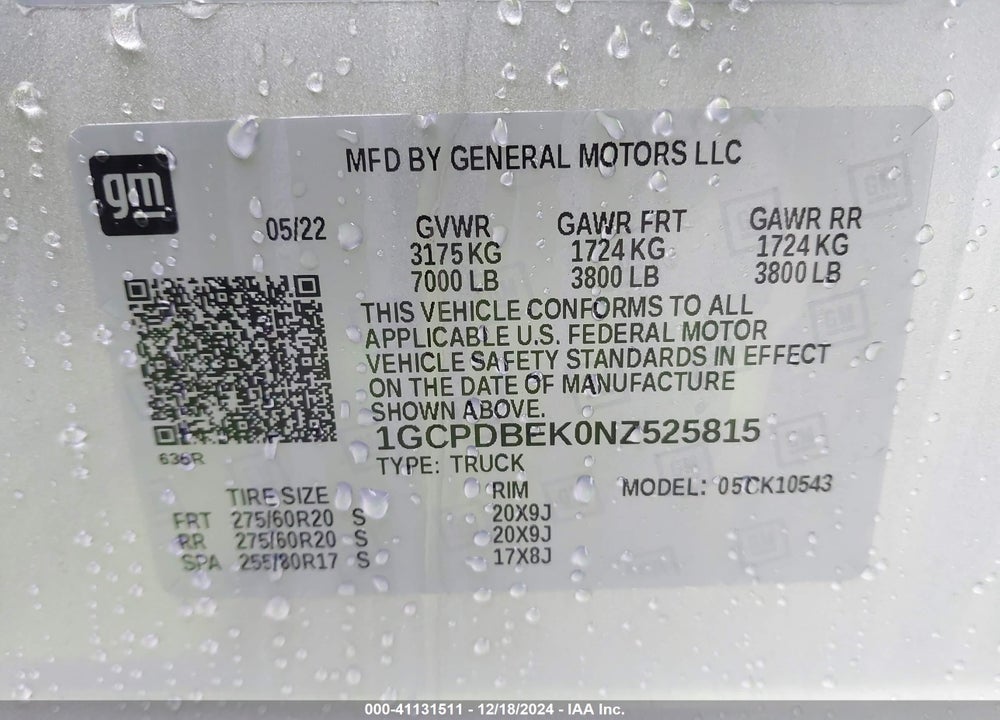 2022 CHEVROLET SILVERADO 1500 4WD SHORT BED CUSTOM VIN: 1GCPDBEK0NZ525815