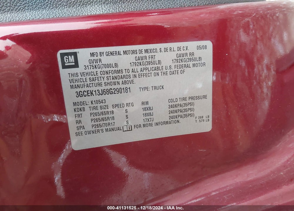 2008 CHEVROLET SILVERADO 1500 LT1 VIN: 3GCEK13J68G290181