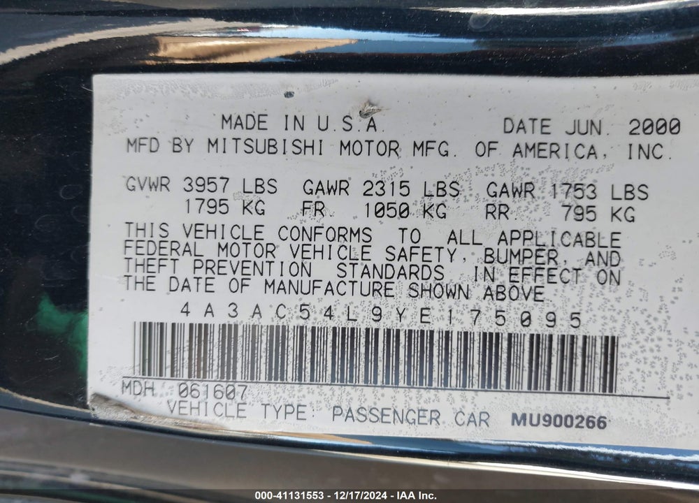 2000 MITSUBISHI ECLIPSE GT VIN: 4A3AC54L9YE175095