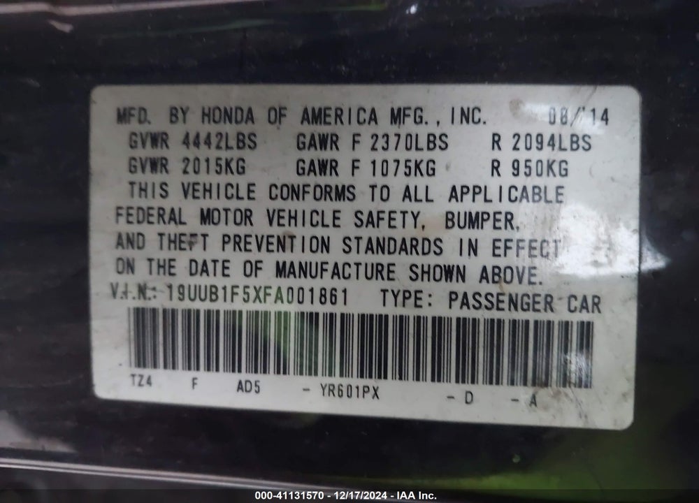 2015 ACURA TLX VIN: 19UUB1F5XFA001861