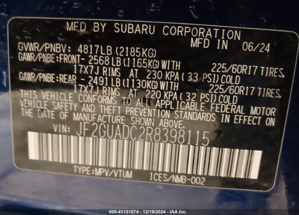 2024 SUBARU CROSSTREK VIN: JF2GUADC2R8398115