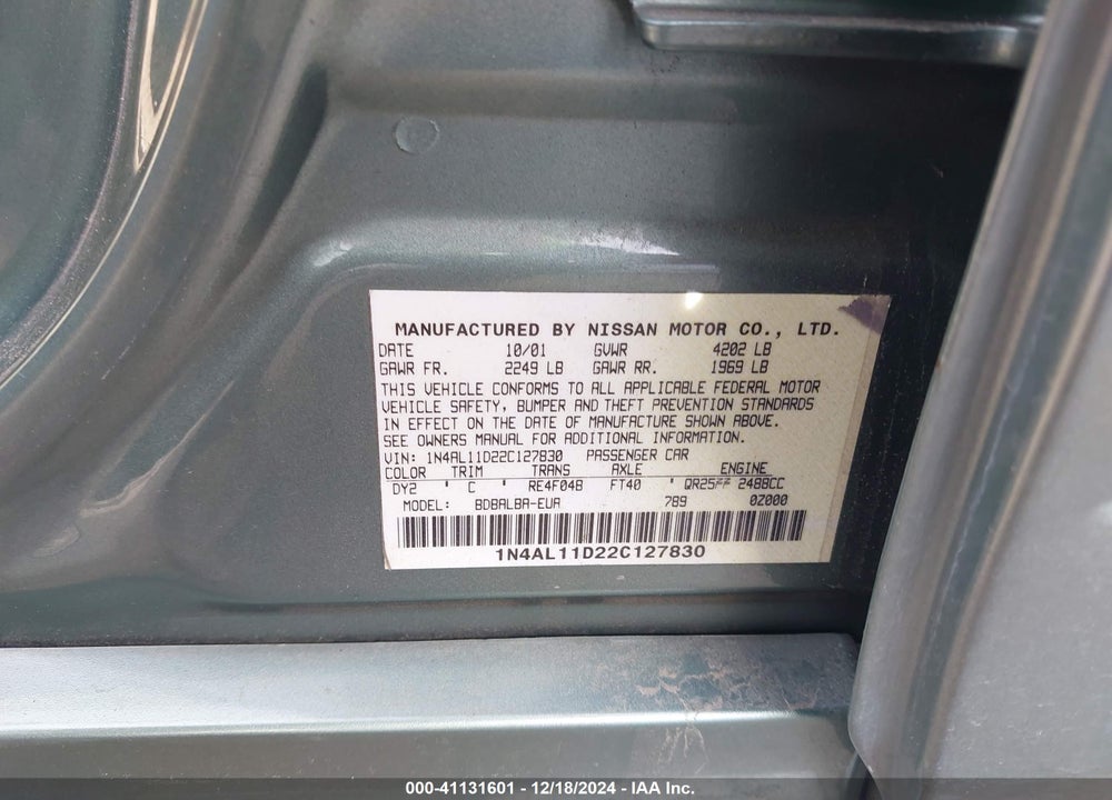 2002 NISSAN ALTIMA 2.5 SL VIN: 1N4AL11D22C127830