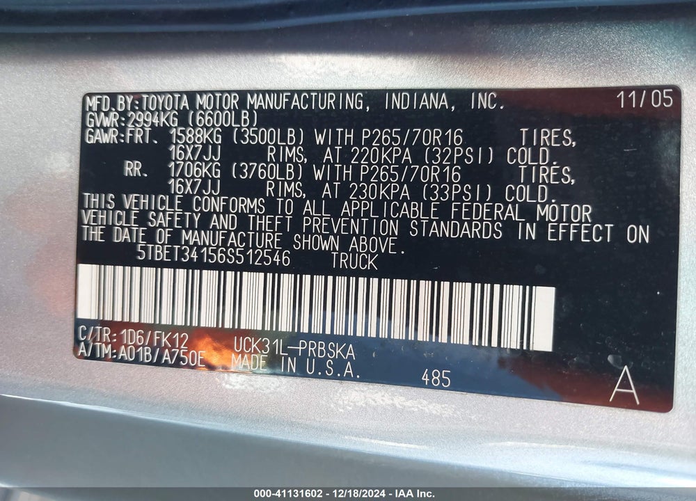 2006 TOYOTA TUNDRA SR5 V8 VIN: 5TBET34156S512546