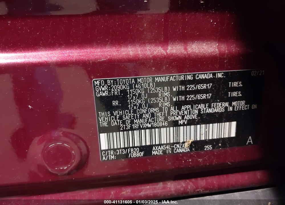 2021 TOYOTA RAV4 LE VIN: 2T3F1RFVXMW180846