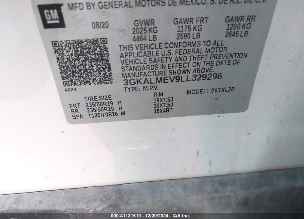 2020 GMC TERRAIN FWD SLE VIN: 3GKALMEV9LL329296