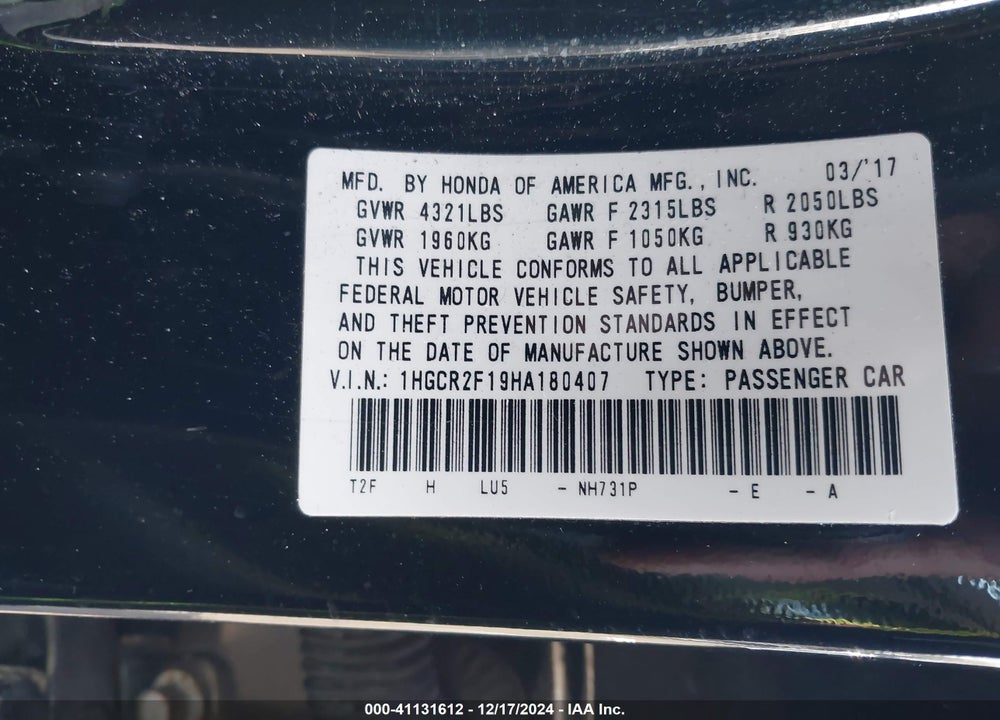 2017 HONDA ACCORD VIN: 1HGCR2F19HA180407