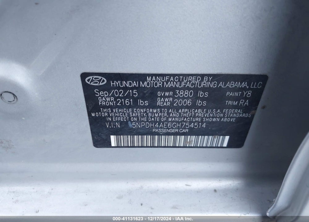 2016 HYUNDAI ELANTRA VIN: 5NPDH4AE6GH754514