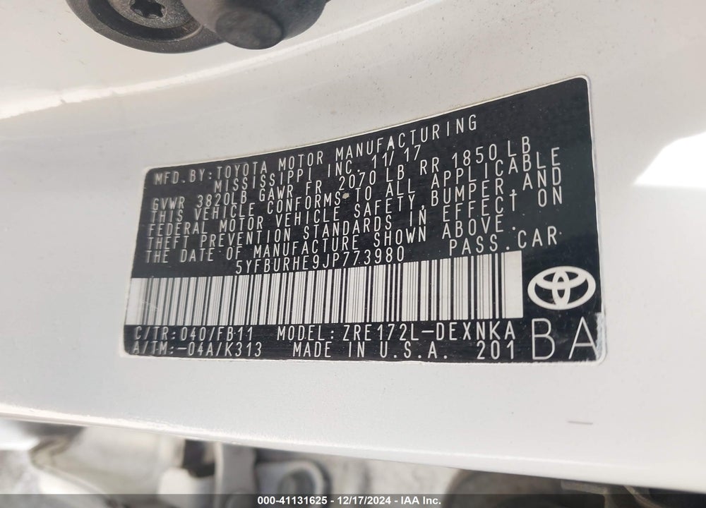 2018 TOYOTA COROLLA VIN: 5YFBURHE9JP773980