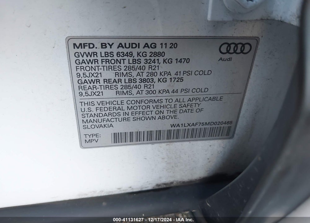 2021 AUDI Q7 PREMIUM PLUS 55 TFSI QUATTRO TIPTRONIC VIN: WA1LXAF75MD020465