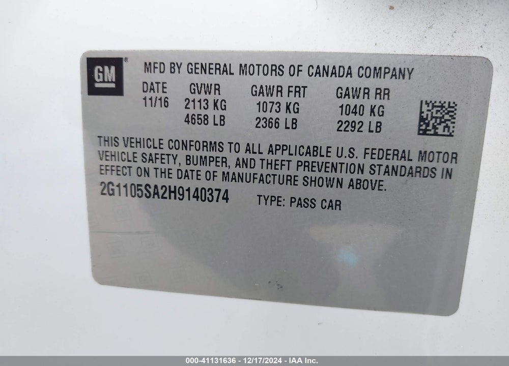 2017 CHEVROLET IMPALA 1LT VIN: 2G1105SA2H9140374