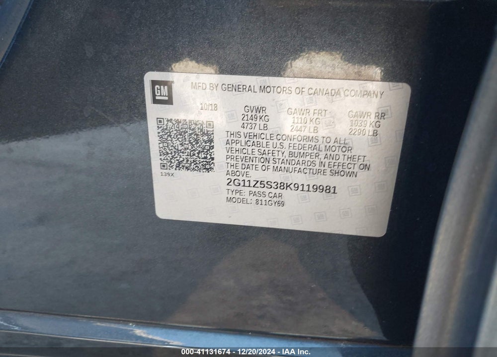 2019 CHEVROLET IMPALA VIN: 2G11Z5S38K9119981