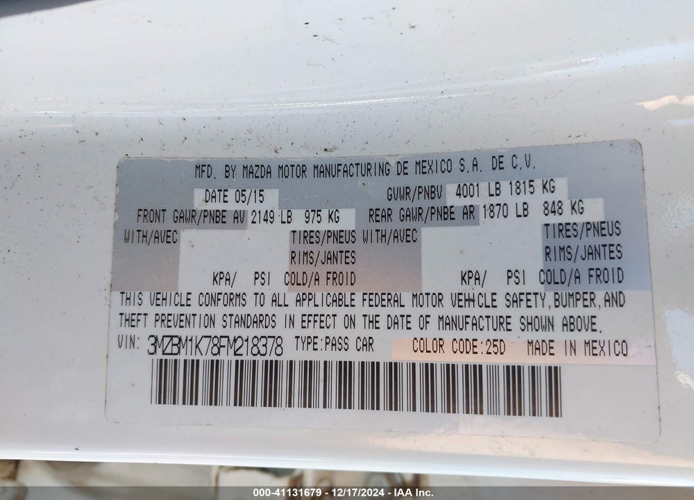 2015 MAZDA 3 VIN: 3MZBM1K78FM218378