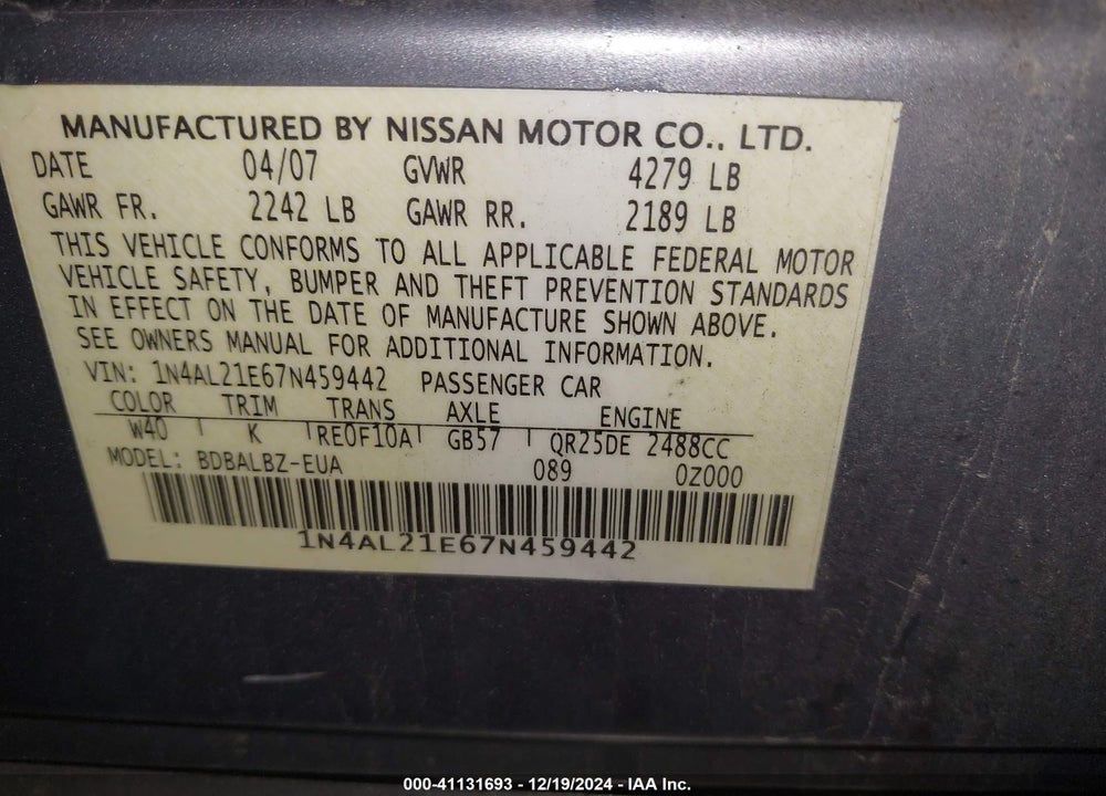 2007 NISSAN ALTIMA 2.5 S VIN: 1N4AL21E67N459442