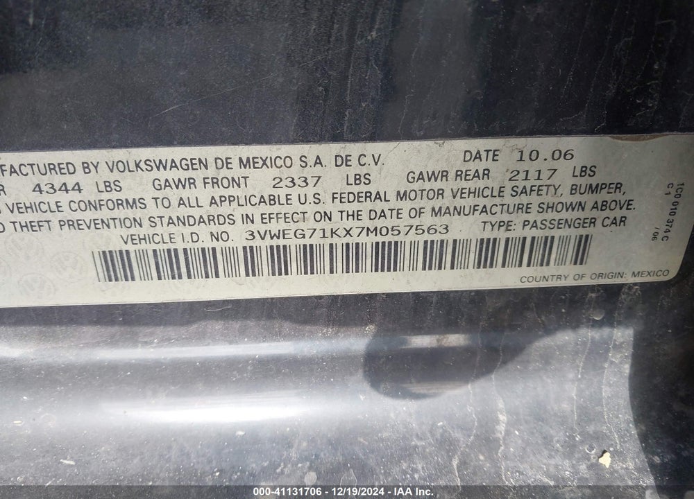 2007 VOLKSWAGEN JETTA WOLFSBURG EDITION VIN: 3VWEG71KX7M057563