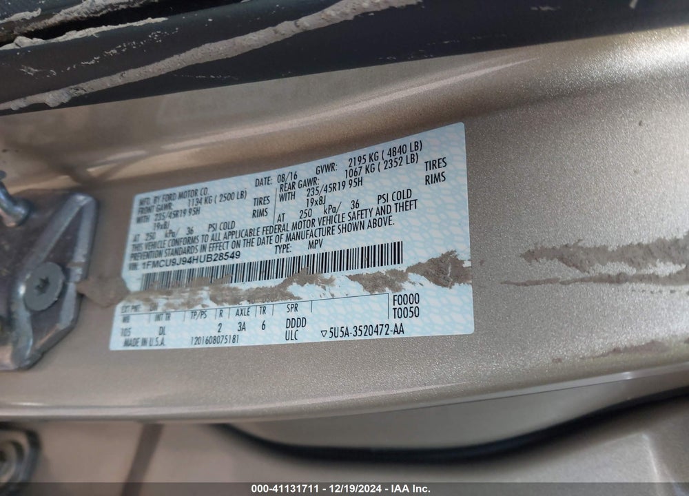 2017 FORD ESCAPE TITANIUM VIN: 1FMCU9J94HUB28549