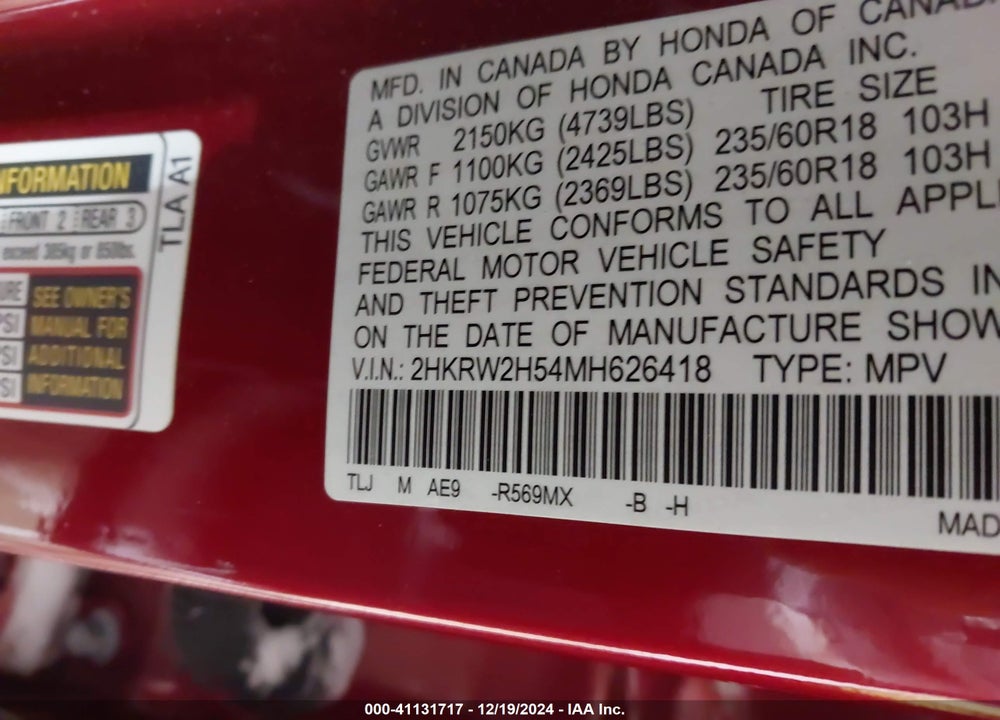 2021 HONDA CR-V AWD EX VIN: 2HKRW2H54MH626418