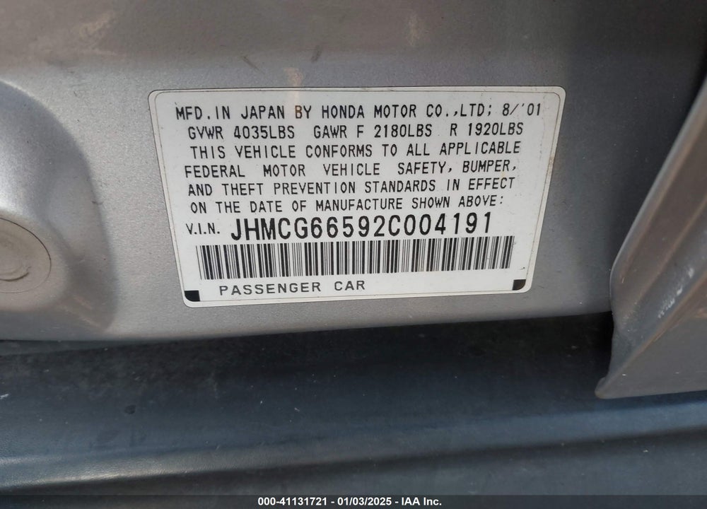 2002 HONDA ACCORD 2.3 LX VIN: JHMCG66592C004191