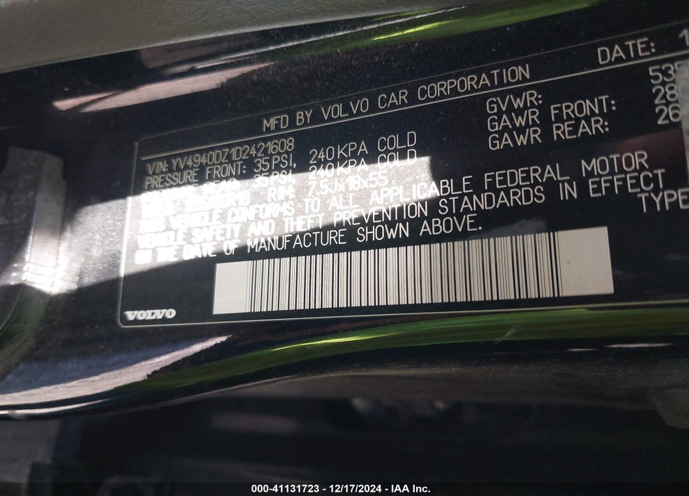 2013 VOLVO XC60 3.2/3.2 PLATINUM/3.2 PREMIER/3.2 PREMIER PLUS VIN: YV4940DZ1D2421608