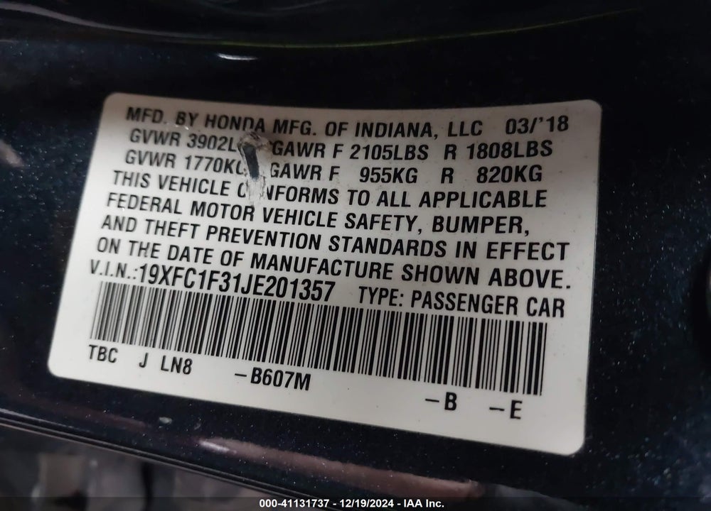 2018 HONDA CIVIC VIN: 19XFC1F31JE201357