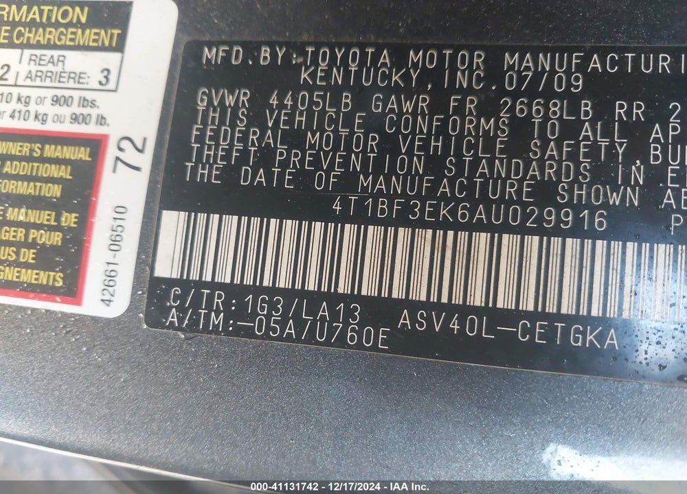 2010 TOYOTA CAMRY XLE VIN: 4T1BF3EK6AU029916