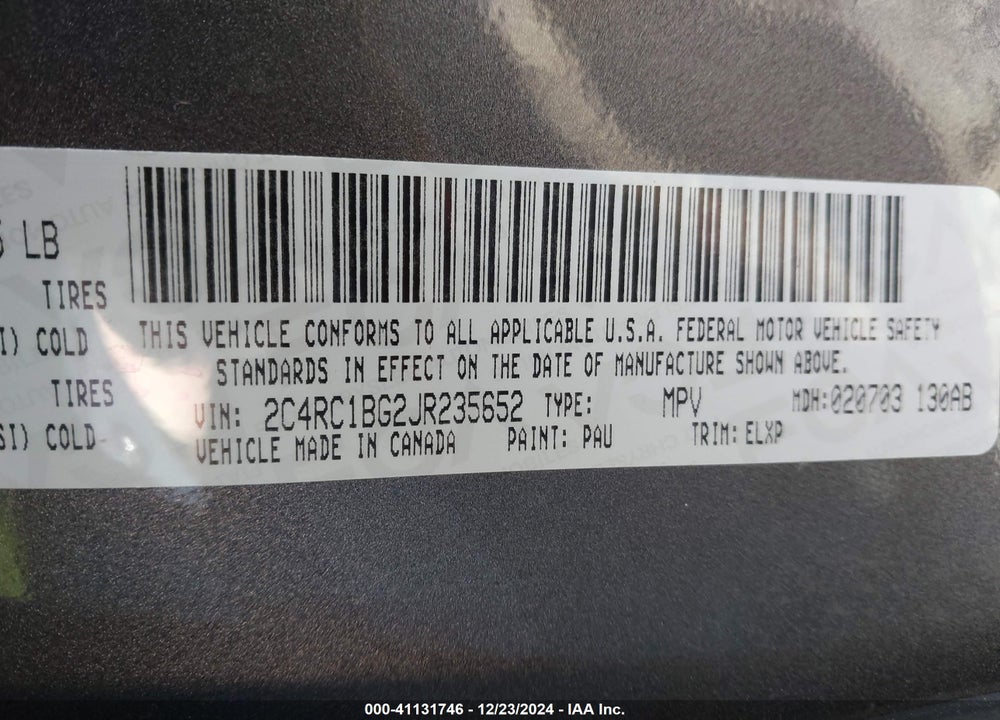 2018 CHRYSLER PACIFICA TOURING L VIN: 2C4RC1BG2JR235652