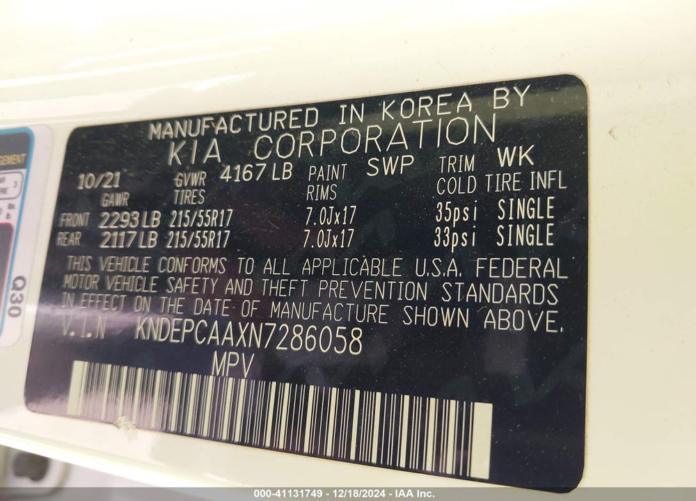 2022 KIA SELTOS LX VIN: KNDEPCAAXN7286058
