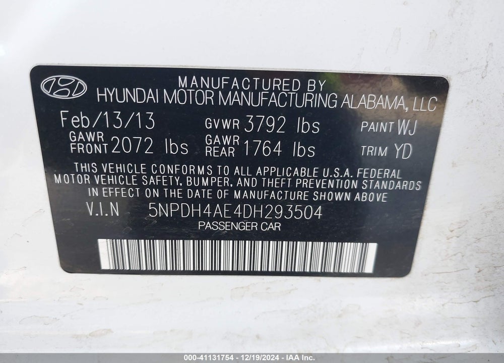 2013 HYUNDAI ELANTRA GLS VIN: 5NPDH4AE4DH293504
