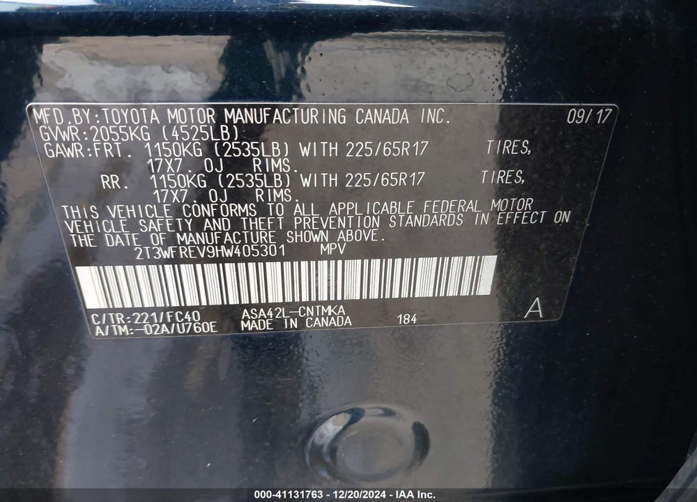 2017 TOYOTA RAV4 XLE VIN: 2T3WFREV9HW405301