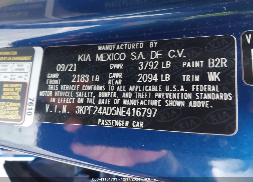 2022 KIA FORTE VIN: 3KPF24AD5NE416797