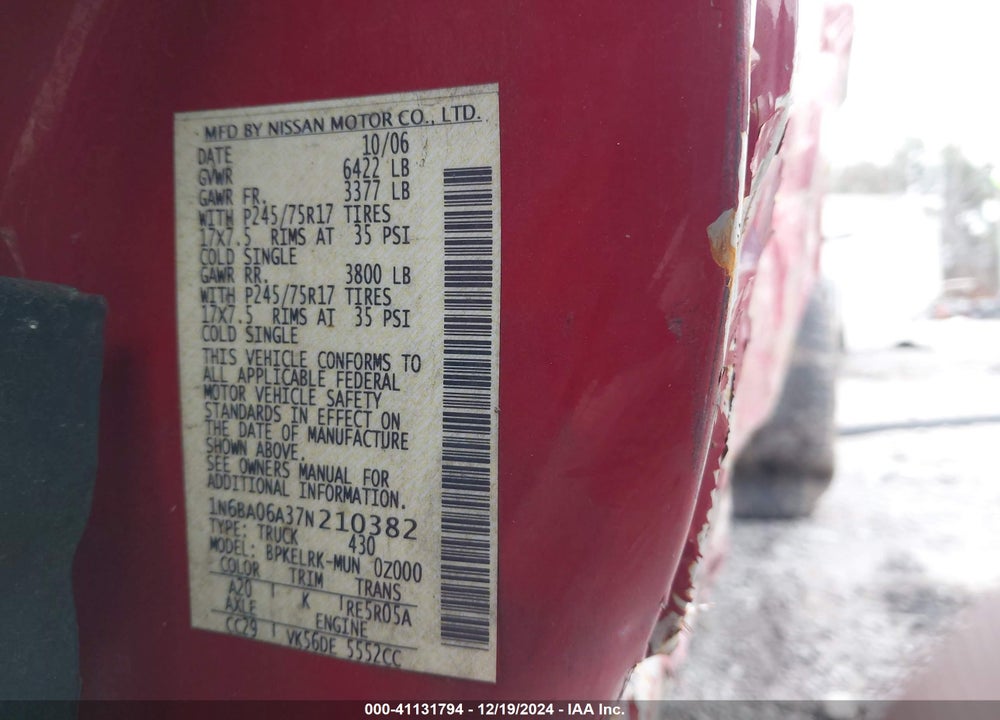 2007 NISSAN TITAN VIN: 1N6BA06A37N210382