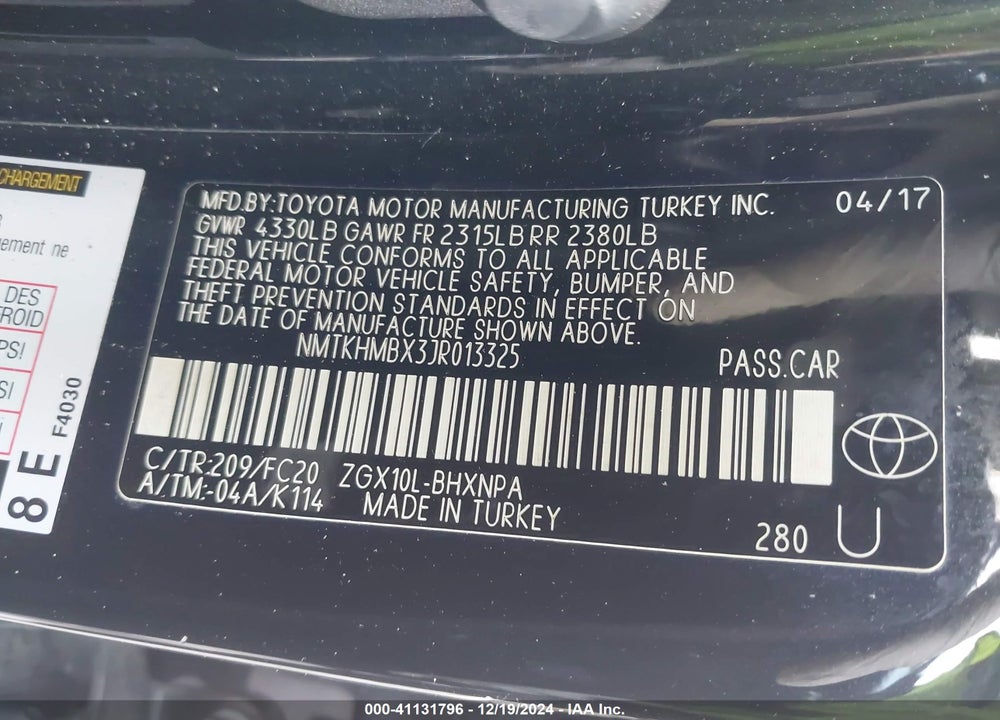 2018 TOYOTA C-HR XLE PREMIUM VIN: NMTKHMBX3JR013325