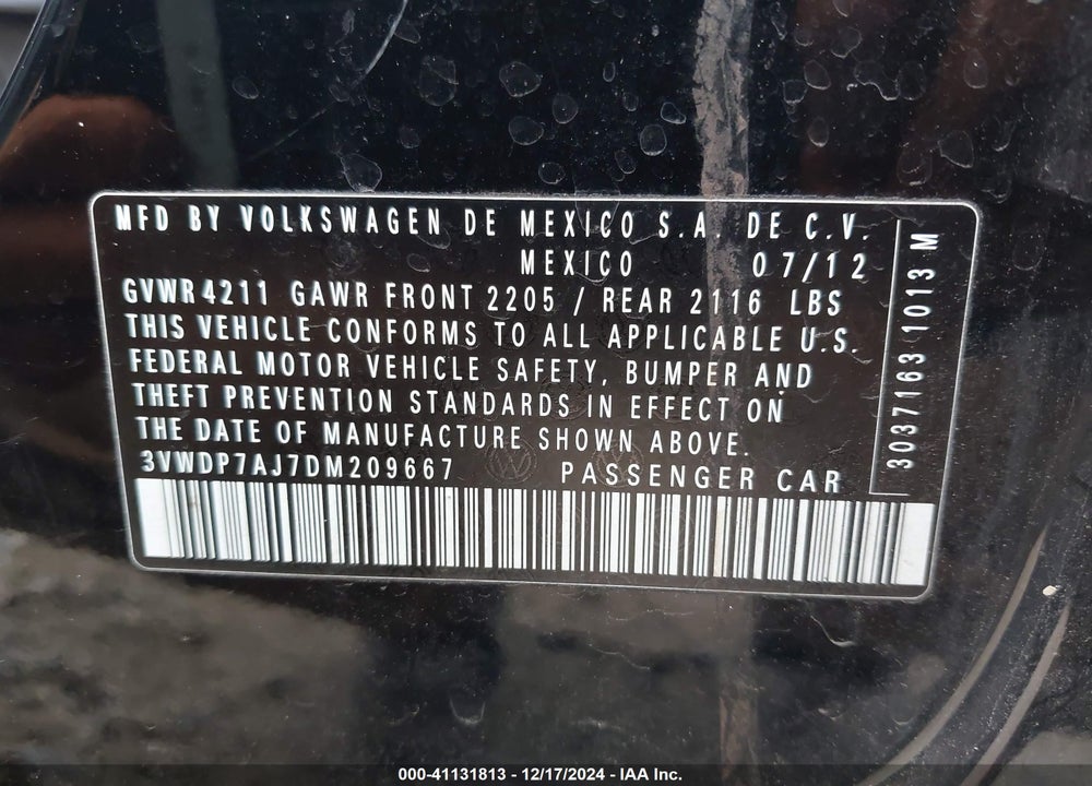 2013 VOLKSWAGEN JETTA 2.5L SE VIN: 3VWDP7AJ7DM209667