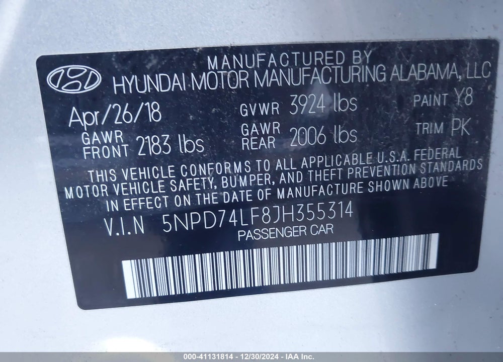2018 HYUNDAI ELANTRA SE VIN: 5NPD74LF8JH355314