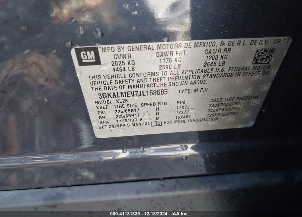 2018 GMC TERRAIN SLE VIN: 3GKALMEV7JL168685