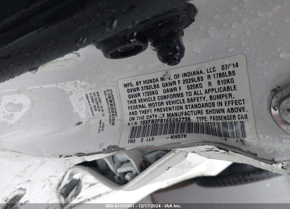 2014 HONDA CIVIC VIN: 19XFB2F81EE262735