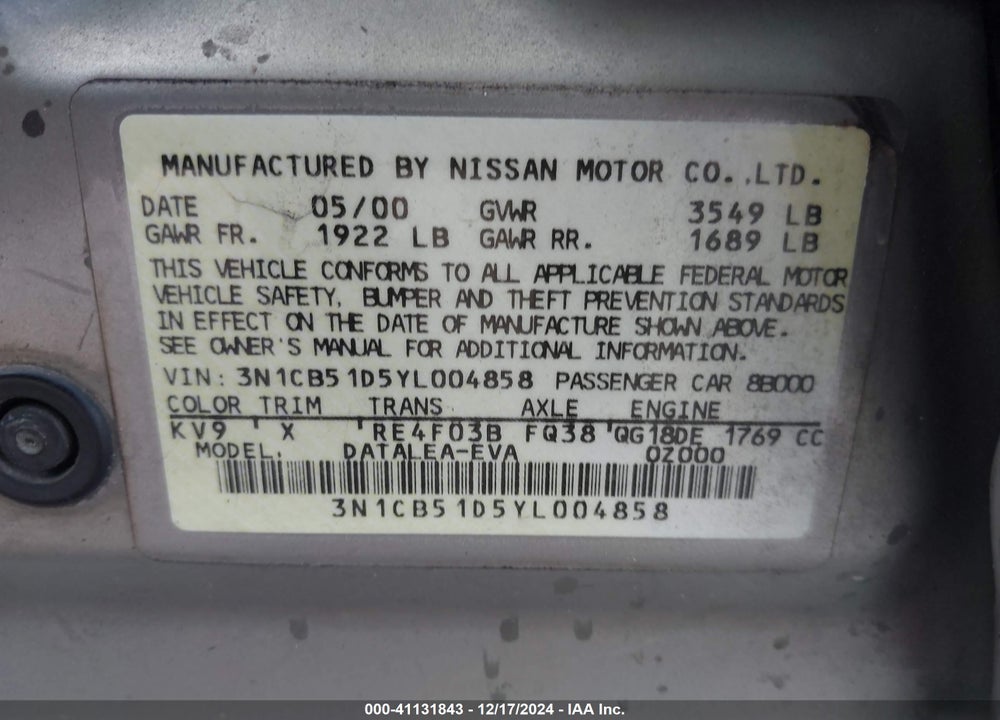 2000 NISSAN SENTRA GXE/XE VIN: 3N1CB51D5YL004858