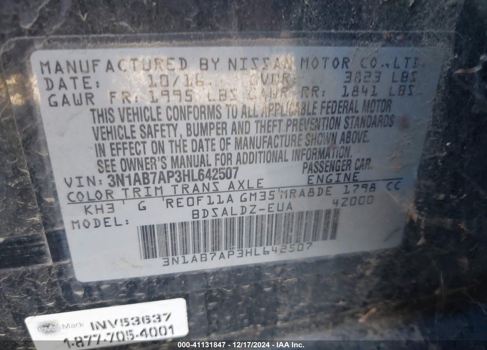 2017 NISSAN SENTRA SV VIN: 3N1AB7AP3HL642507
