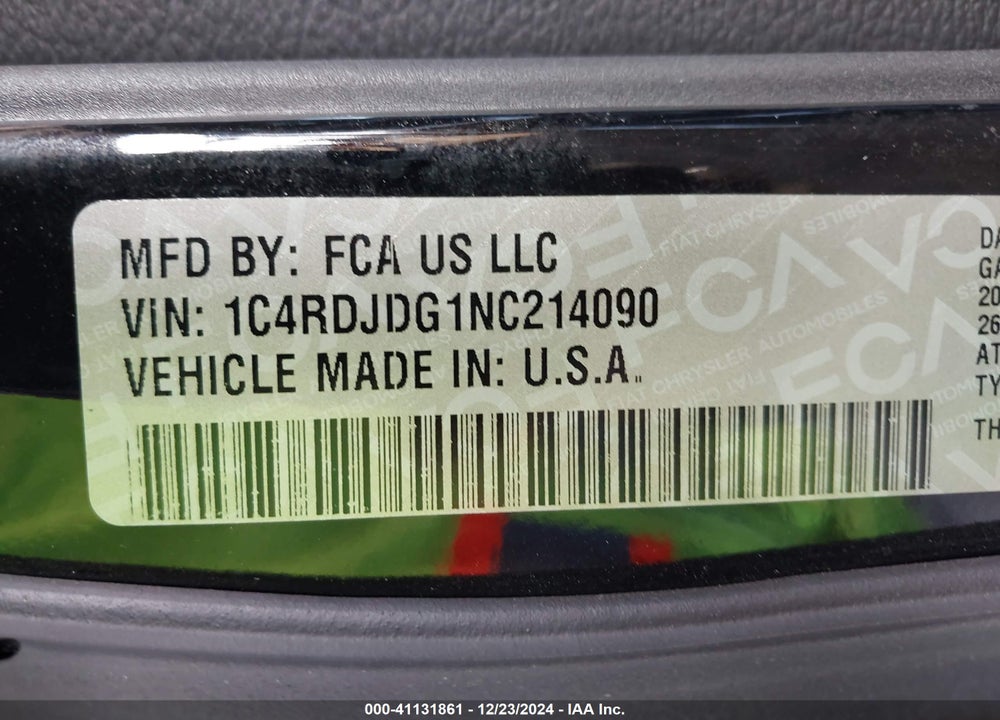 2022 DODGE DURANGO VIN: 1C4RDJDG1NC214090