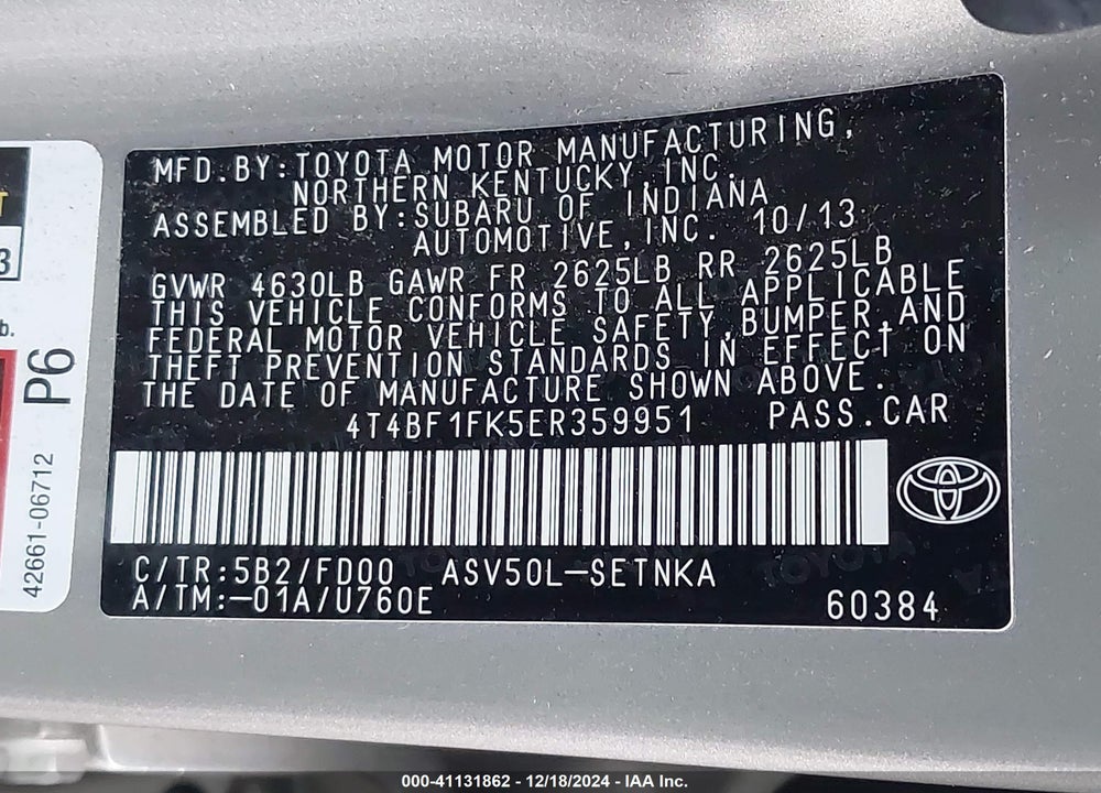 2014 TOYOTA CAMRY LE VIN: 4T4BF1FK5ER359951