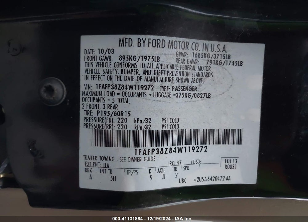 2004 FORD FOCUS ZTS VIN: 1FAFP38Z84W119272