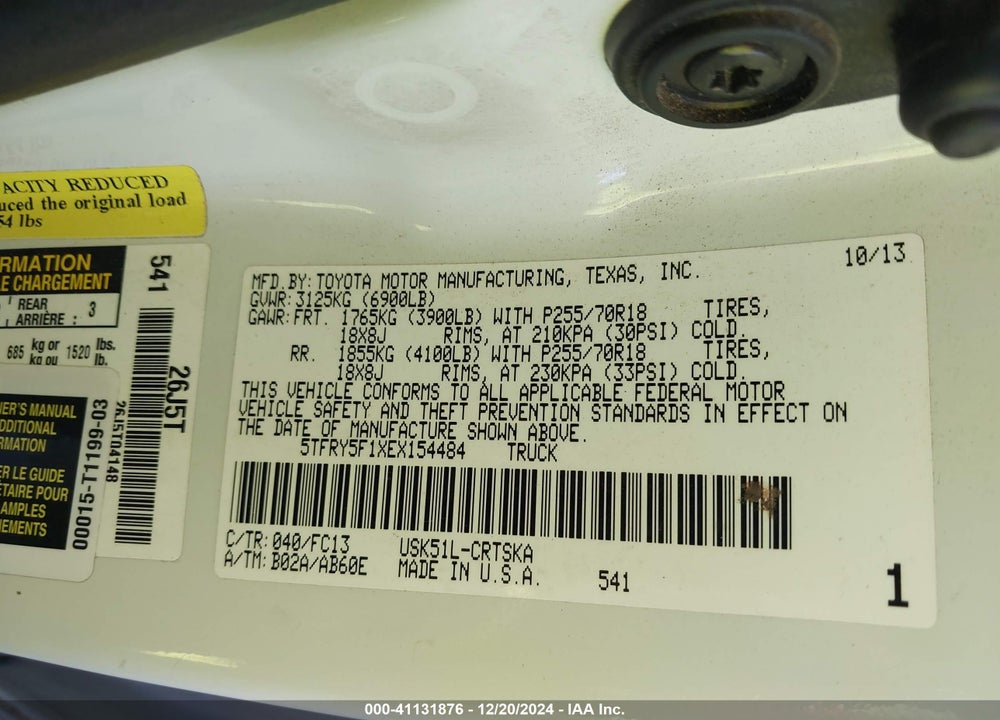 2014 TOYOTA TUNDRA SR5 5.7L V8 VIN: 5TFRY5F1XEX154484