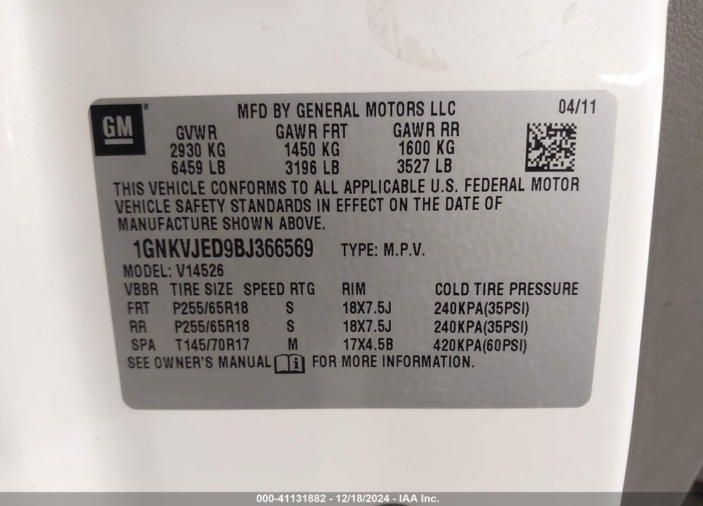 2011 CHEVROLET TRAVERSE 2LT VIN: 1GNKVJED9BJ366569