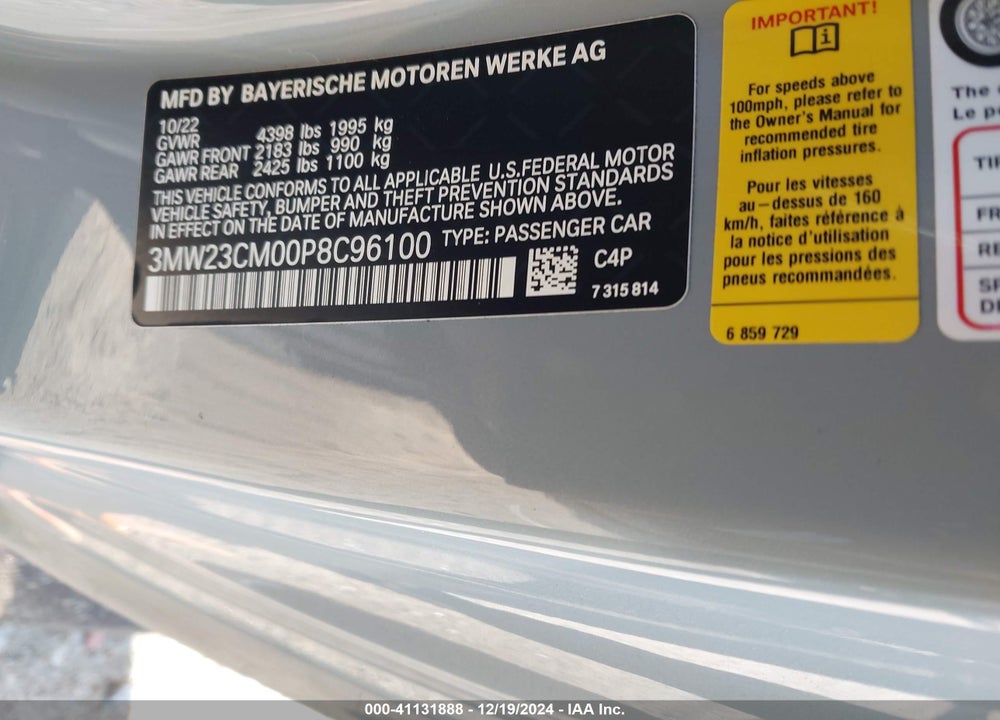2023 BMW 230 I VIN: 3MW23CM00P8C96100